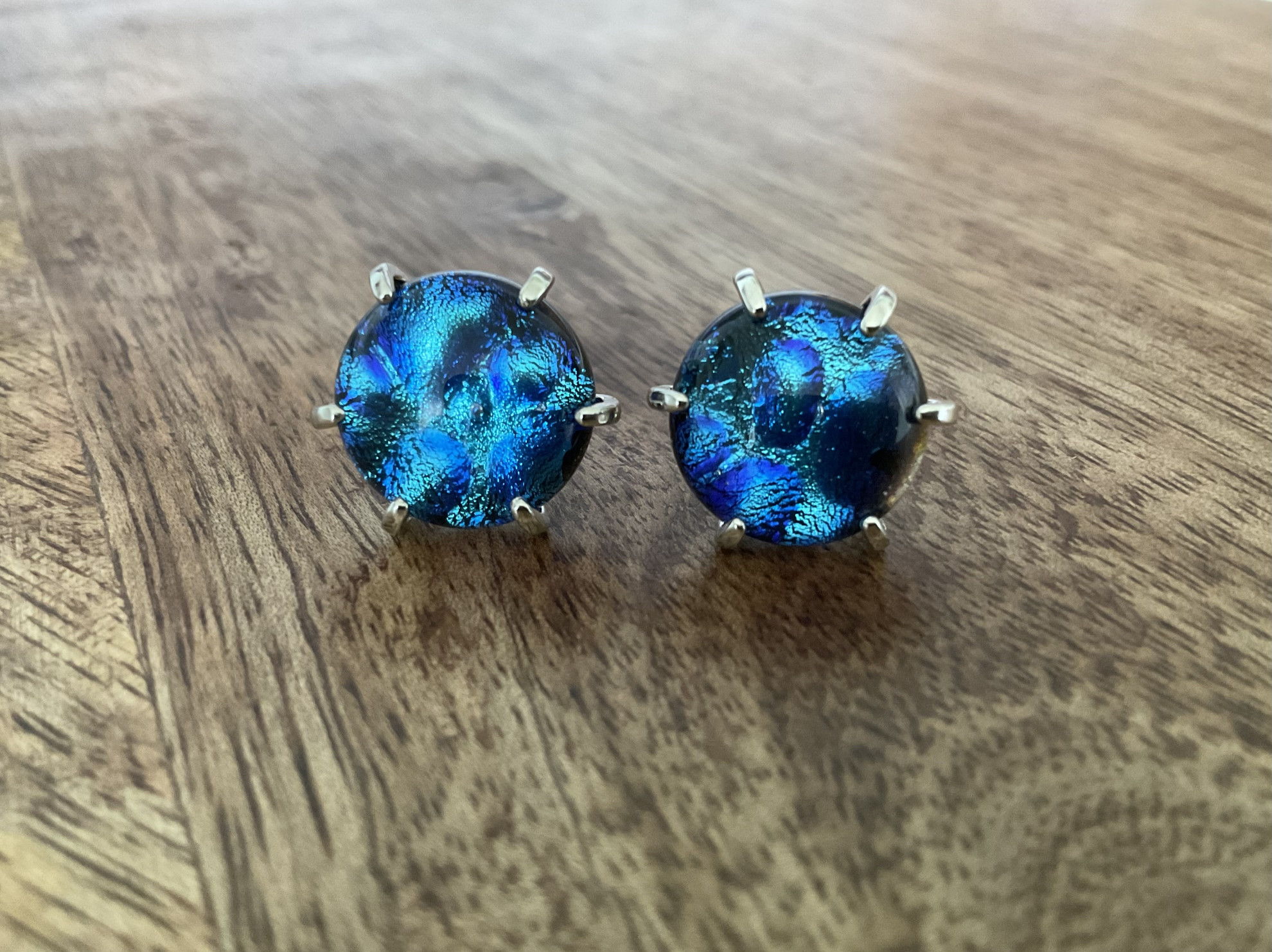 Blue Shimmer Dichroic Fused Glass Stud Earrings - Click Image to Close